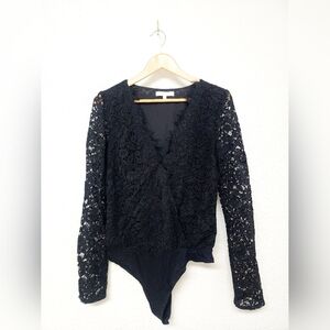 WAYF women's black lace bodysuit, small, feminine, vneck, classy